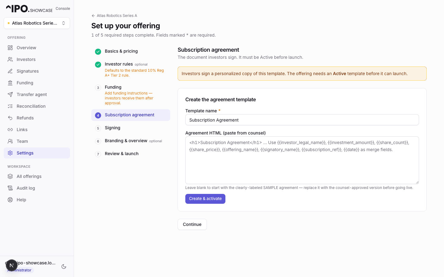 Offering setup wizard — subscription agreement step with a stepper of required steps and a template editor that merges investor data through fields like investor legal name, amount, and share count