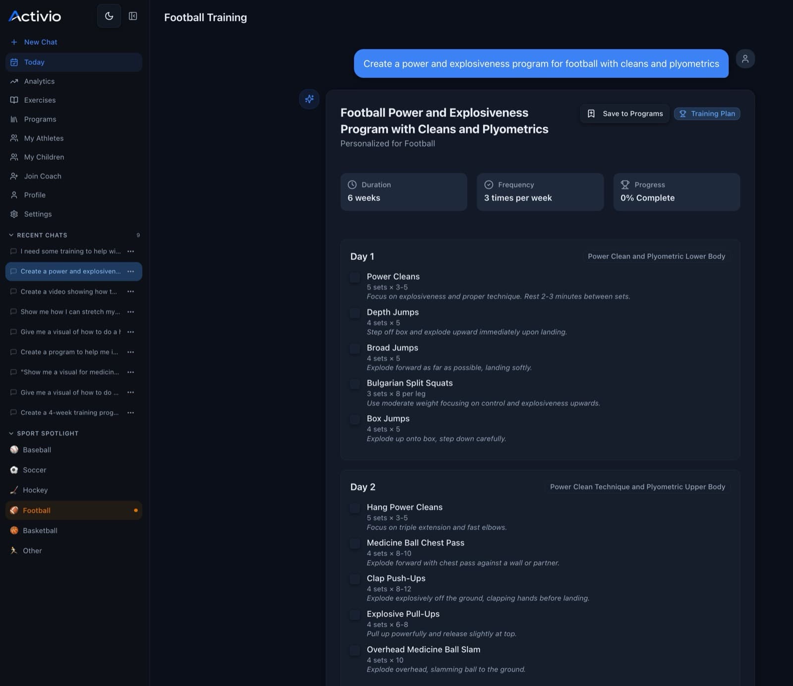 Activio coach app — chat-driven program builder with sport-aware structure