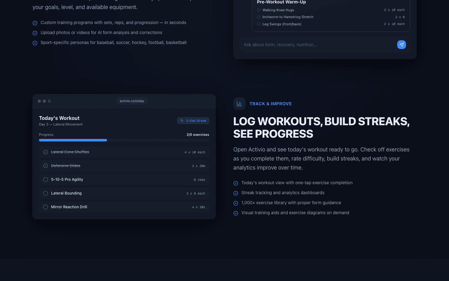 Activio analytics dashboard with streaks and performance tracking