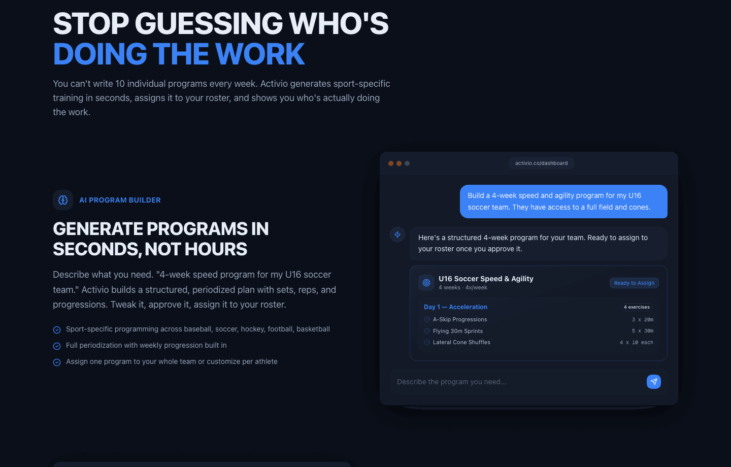 Activio for Coaches — AI program builder and team compliance dashboard