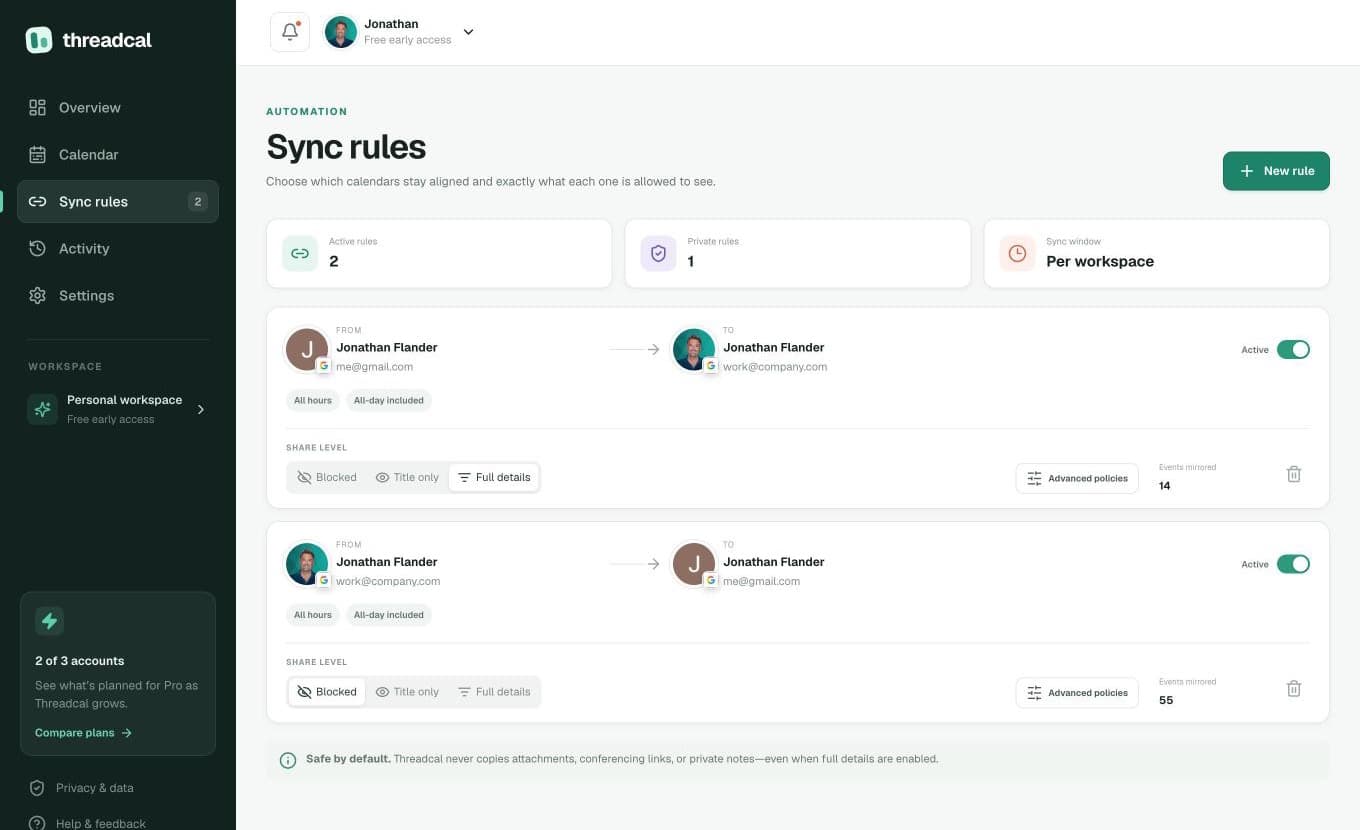 Sync rules — two rules with per-rule share levels (Full details and Blocked), advanced policies, and events-mirrored counts, with a 'Safe by default' note