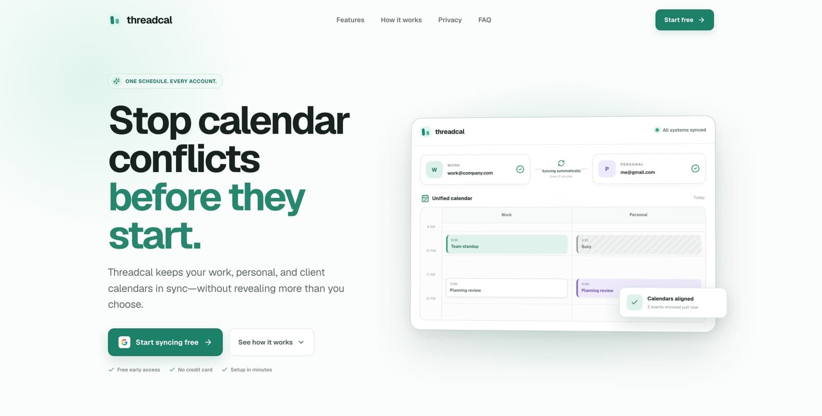 Threadcal landing hero — 'Stop calendar conflicts before they start' with a unified calendar showing a Work and Personal account syncing, and a 'Calendars aligned' confirmation