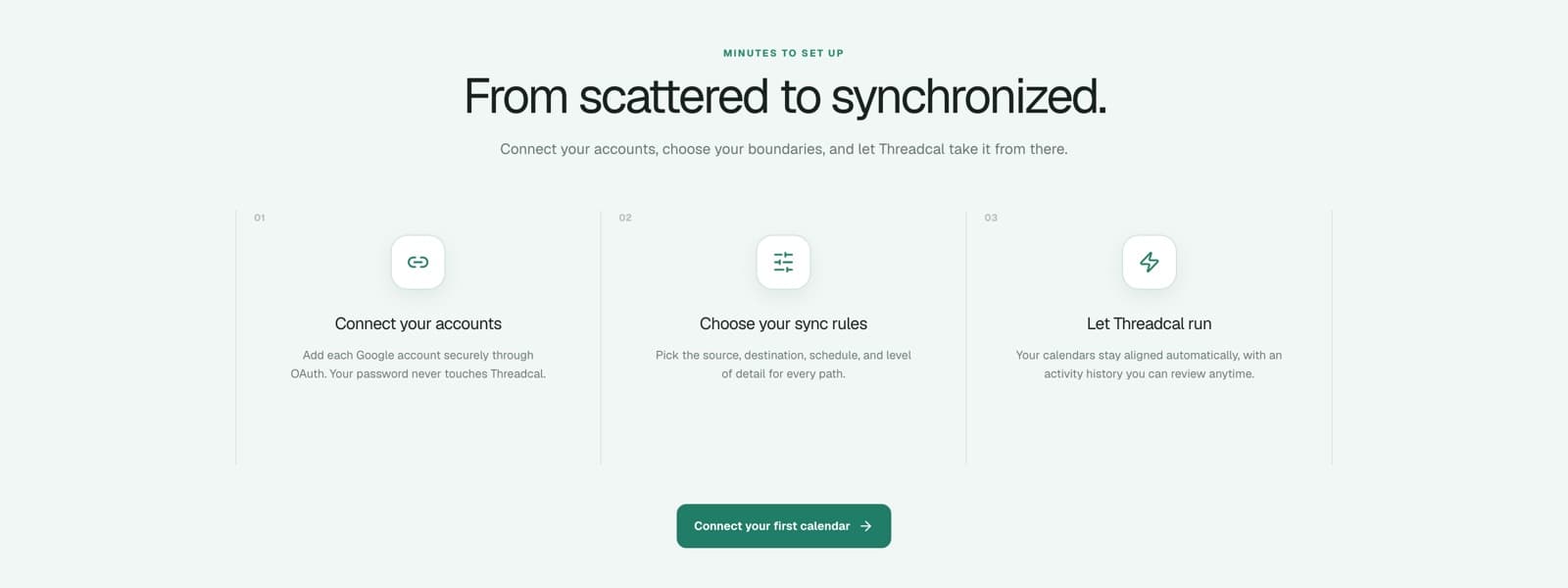 From scattered to synchronized — three setup steps: connect your accounts, choose your sync rules, let Threadcal run