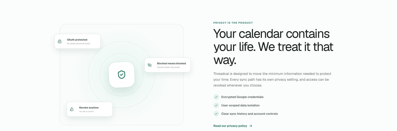 Privacy is the product — encrypted Google credentials, user-scoped data isolation, and clear sync history, with OAuth-protected access you can revoke anytime