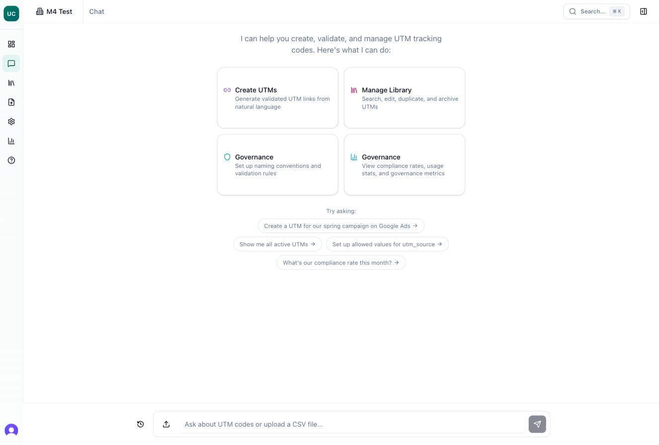 Chat — Create UTMs, Manage Library, Governance quick actions with suggested prompts