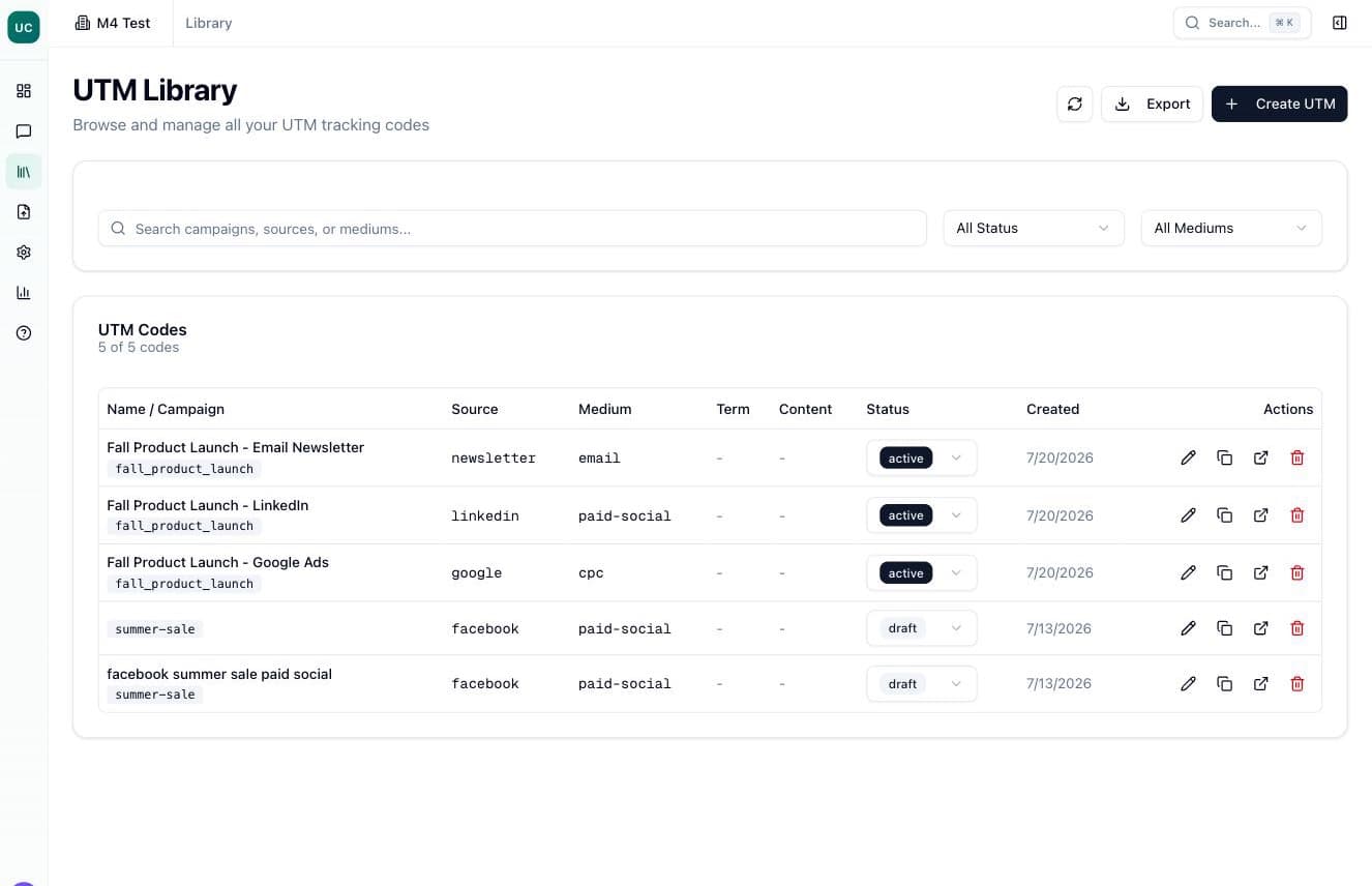 UTM Library — searchable table of tracking codes with status, source, medium, and actions