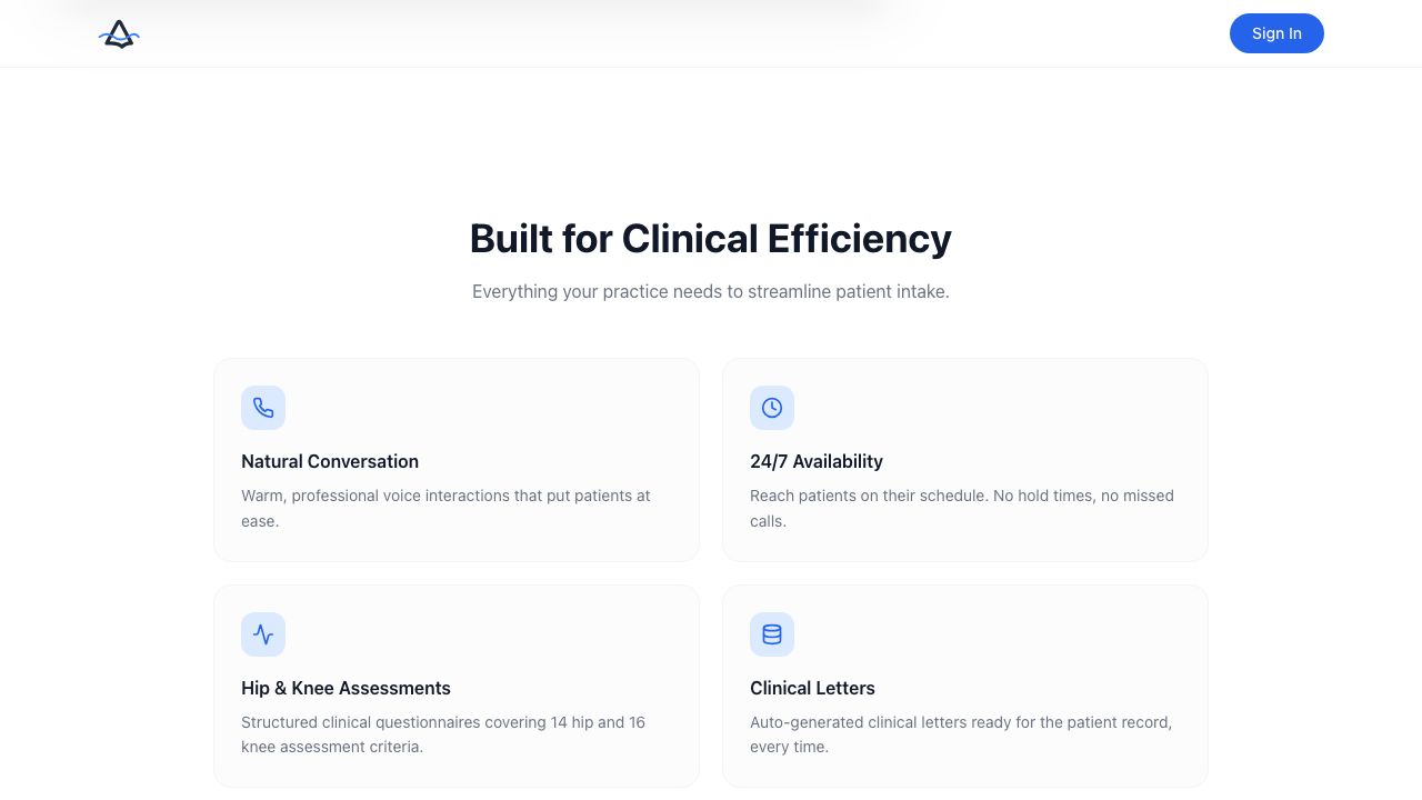 Built for Clinical Efficiency — Natural Conversation, 24/7 Availability, Hip & Knee Assessments, and Clinical Letters
