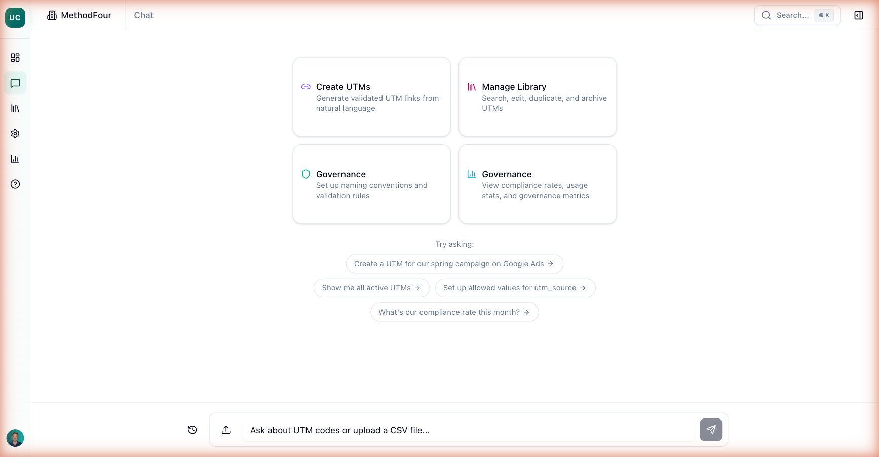 Chat — Create UTMs, Manage Library, Governance quick actions with suggested prompts