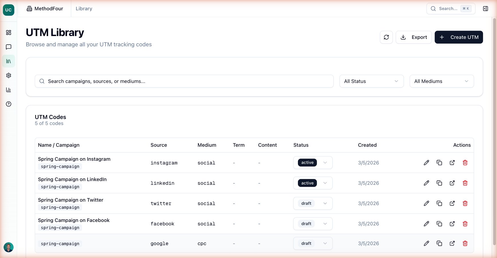 UTM Library — searchable table of tracking codes with status, source, medium, and actions